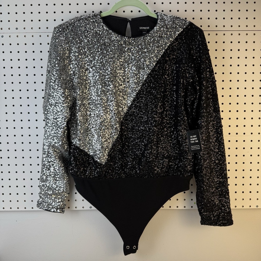 NWT Express Sequin Bodysuit Black Silver Long Sleeve Shoulder Pads Y2K‎ Glam